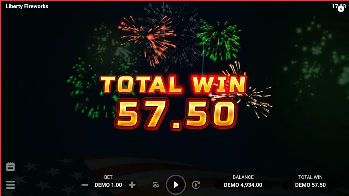 Liberty Fireworks 3 Pots slot gameplay na nagpapakita ng mga makukulay na fireworks at bonus symbols.
